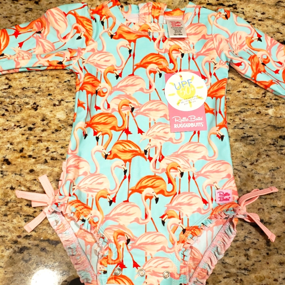 Ruffle butts rashguard  swimsuit flamingo 12-18 month nwt